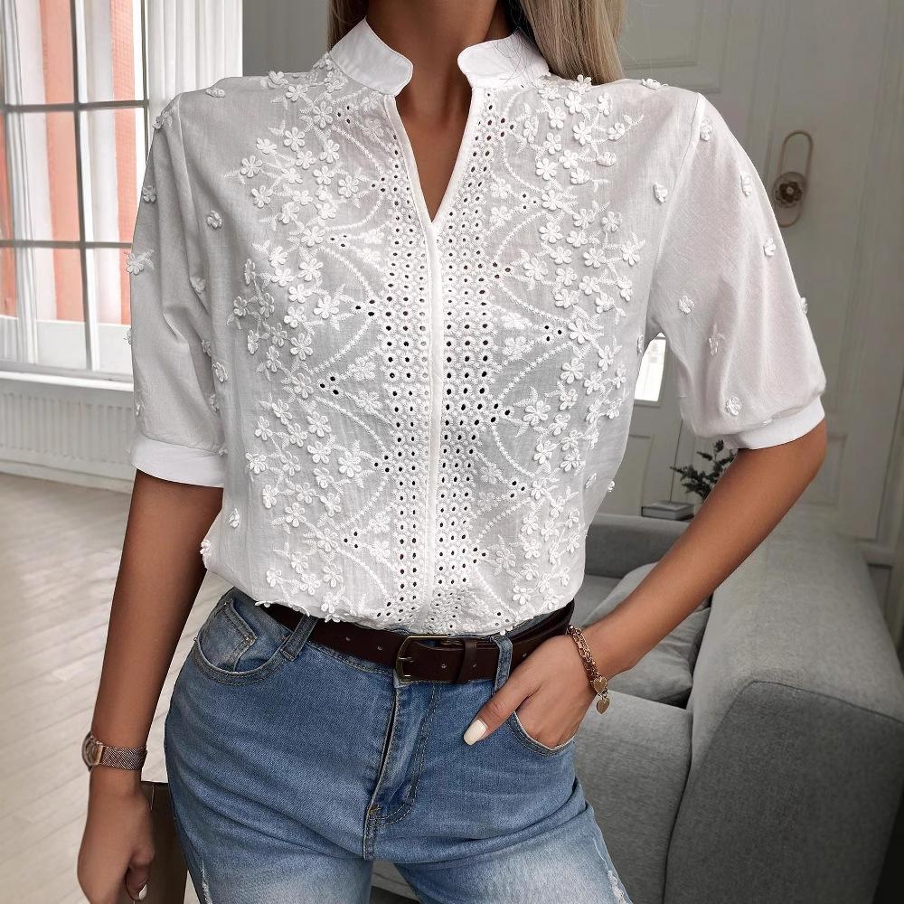 Jarní výšivka Dámská halenka Módní Letní Výstřih do V Lucernový rukáv Bílá košile Žena Vintage Bavlna Prolamované topy