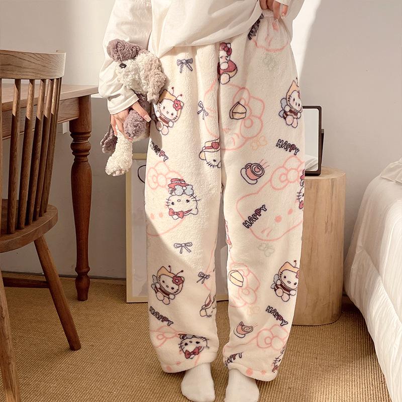 Korean Style Women's Fleece Pajama Pants - Flannel Cartoon Design for Autumn and Winter