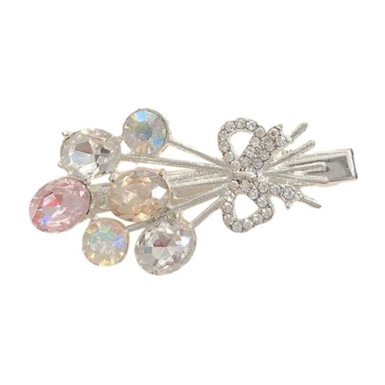 Women Hairpin Bow Shape Faux Pearl Rhinestone Faux Crystal Decor Hollow Out Exquisite Anti-slip Sparkling Luxury Hair Decoration Hair Clip