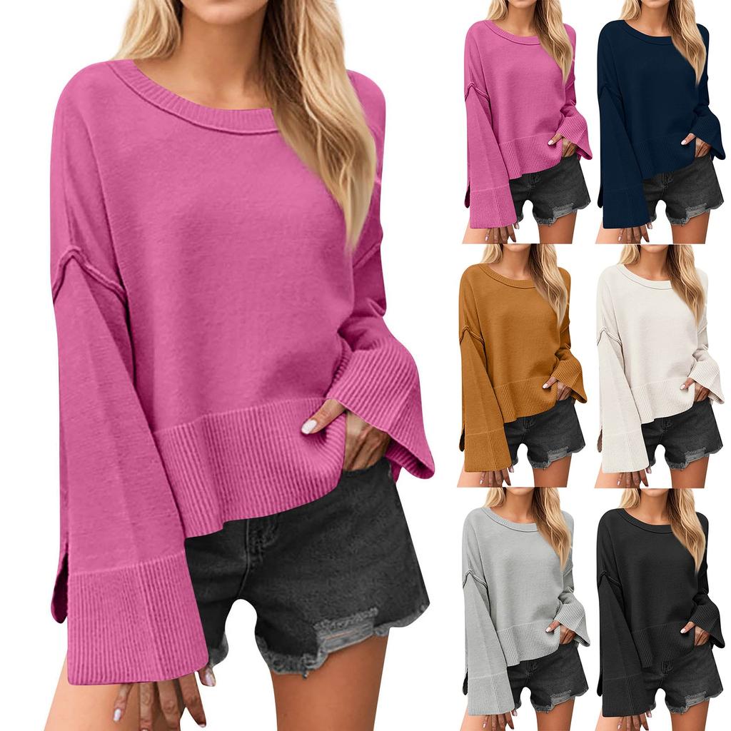 Women's Solid Color Round Neck Bell Sleeve Pullover Knitwear Fashion Short Sweater