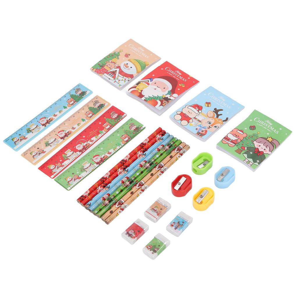 4 Sady Vánoční školní papírnictví 2 ks Tužka Pravítko Guma Ořezávátko Sada pro studenty Dárky na párty