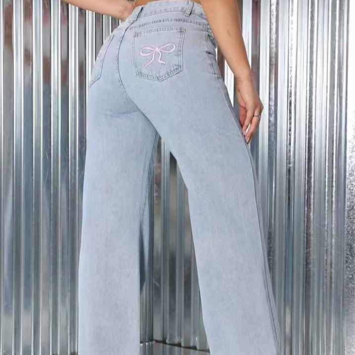 Women Black Y2K Style Fringed Embroidery Pattern Denim Straight-leg Pants with A Comfortable Fabric and Full Elastic Waist