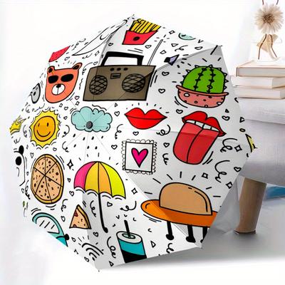 1 Stück Cartoon-Icons Automatischer Öffnungs-/Schließschirm, Schirm mit Cartoon-Design, Tragbarer Kompakter Schirm für Männer & Frauen, Gutes Urlaubsgeschenk