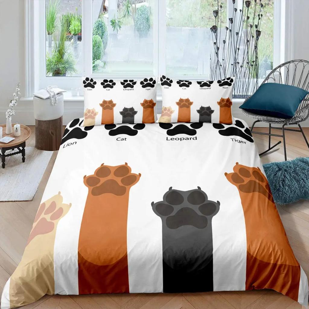 Blue Cartoon Cat Paw Print Duvet Cover For Children Boys And Girls Duvet Cover Cute Pet Cat For Bedroom Decorations Queen King