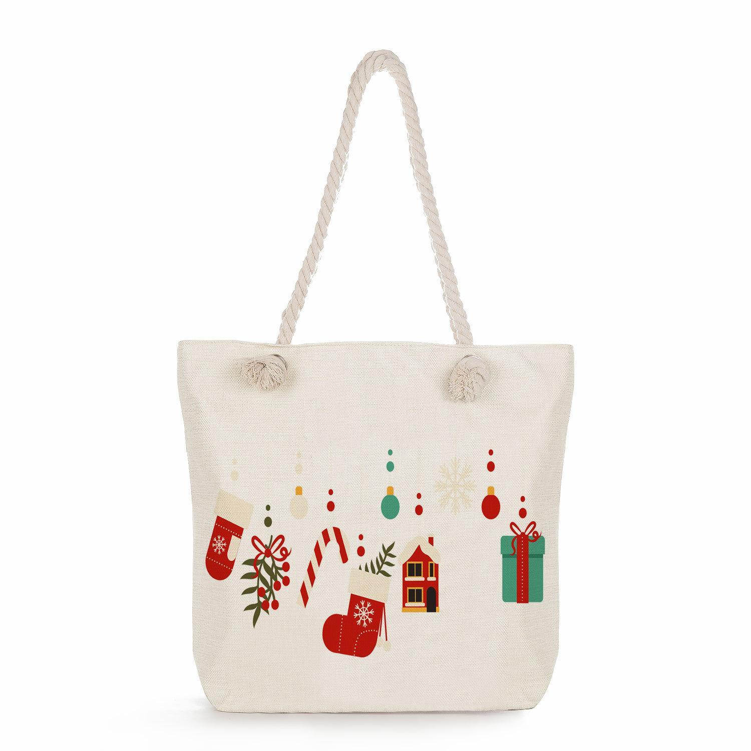 

Многофункциональная пляжная сумка на плечо из толстой веревки с рождественским принтом, повседневная сумка-тоут большой вместимости 7603