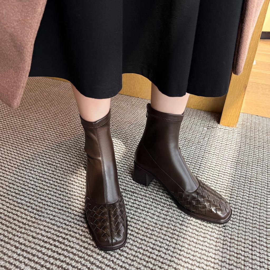 Fashion 2025 Fashion Women Shoes Genuine Leather Short Boots Square Toe Chunky Heel Winter Stretch Modern Women Boots Solid High Heels
