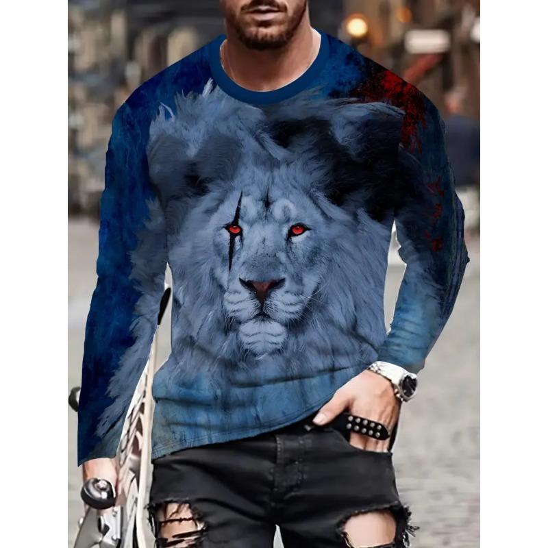 Vintage T-Shirt Animal Print Long Sleeve Tee Hunting Round Neck Shirt Fashion Spring Autumn Pullover Top Casual T Shirts for Man
