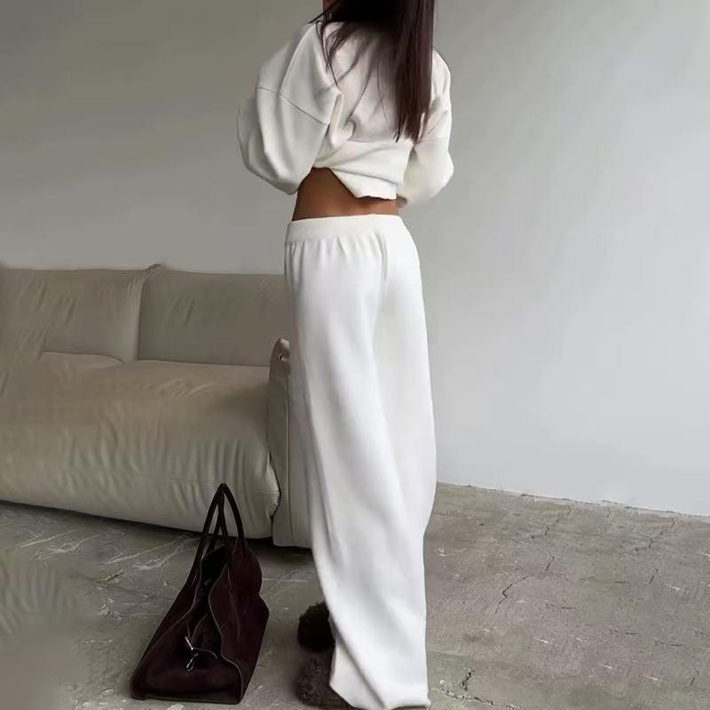 European & American Style Women's Solid Color Long Sleeve Wide Leg Pants Sweater Set