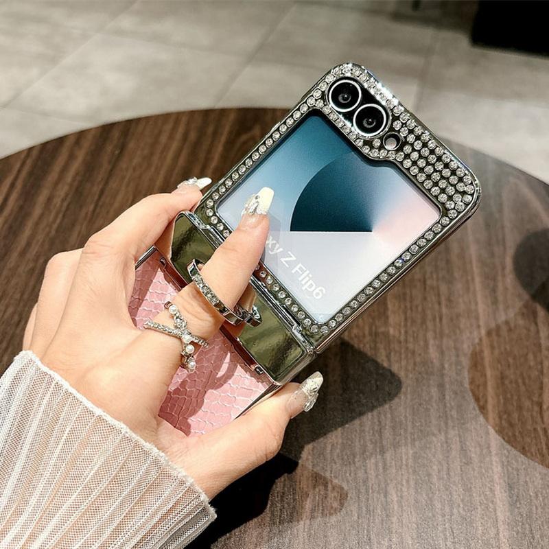 Diamond Frame 3pcs Folding Case For Samsung Galaxy Z Flip6 Flip5 Leather Shockproof Ring Holder Slim Hard PC Phone Cover