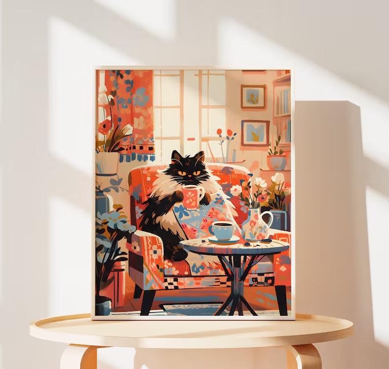 

Скандинавські Милі Коти П ють Каву Принти Тварини Пейзаж Плакат для Дитячої Кімнати Полотно Картина Різдвяний Подарунок Картинки Домашнього Декору 30x40cm No Framed