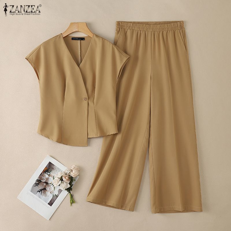 ZANZEA Kadın Kısa Kollu Bluz ve Pantolon Günlük İki Parça Takım Setleri