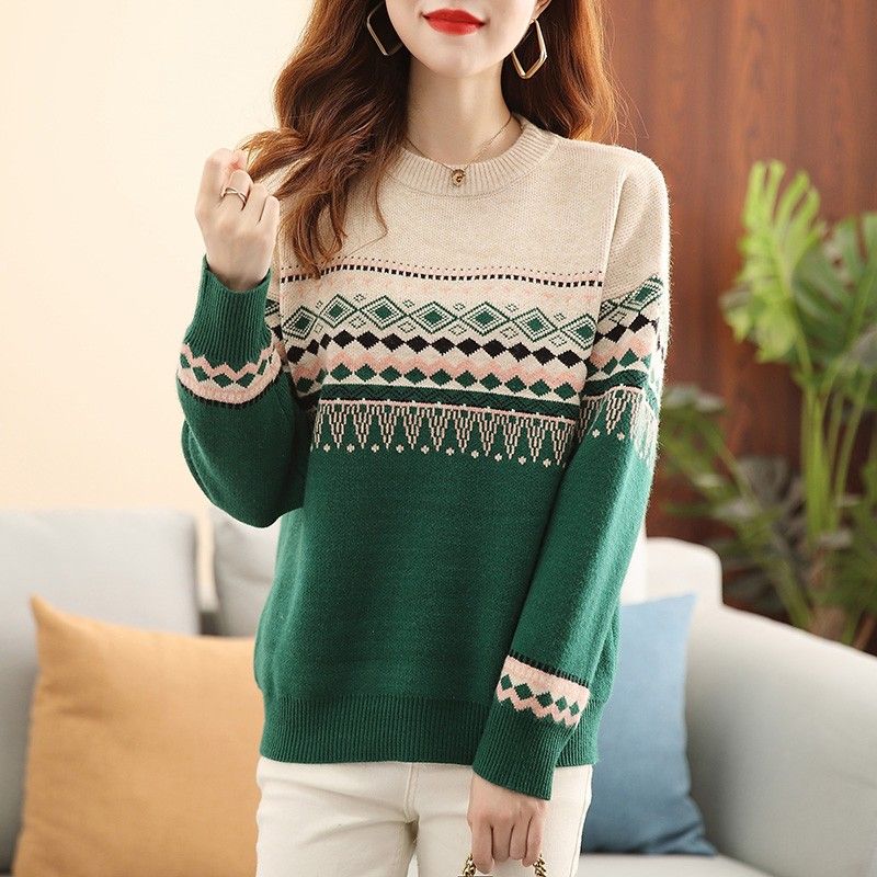 Sweater Women Loose Large-sized Round-neck Pullover for Women Korean-style Retro Color-blocked Knitted Sweater for Autumn and Winter