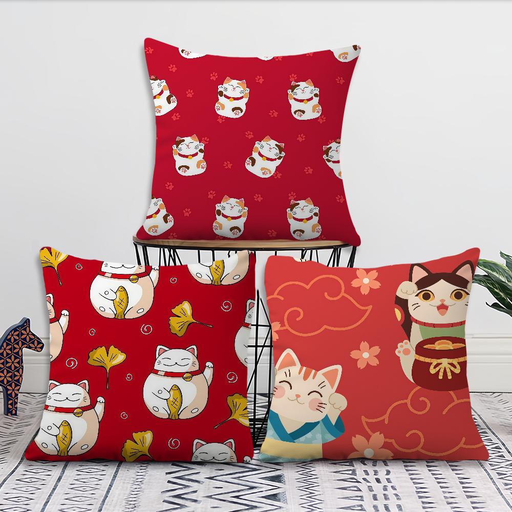 Lucky Cat M-Maneki Neko Cushion Cover For Pillow Printing Sofa Decoration Home Car Room Coffee Shop Office Nordic Simplicity