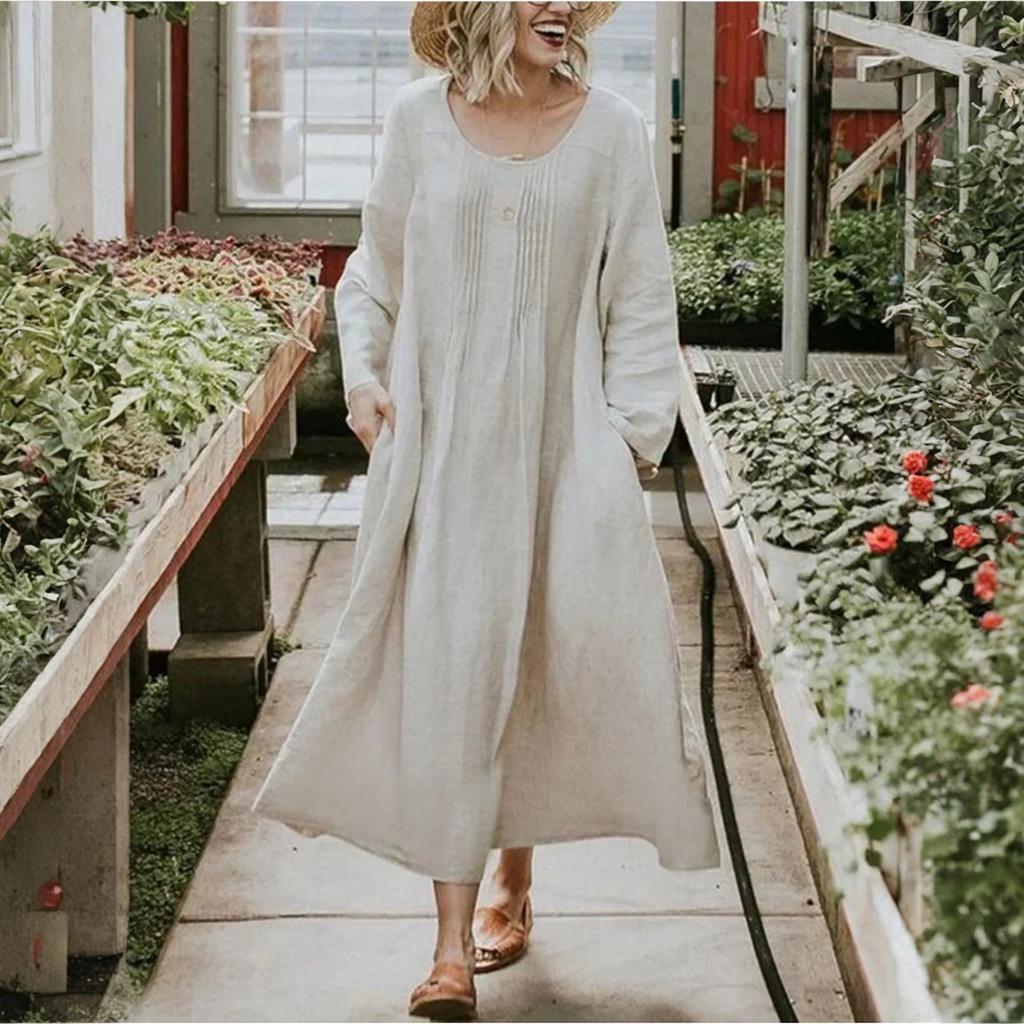 Women's Ound-neck Pleated Skirt With Pockets, Long-sleeved Cotton And Linen Dress