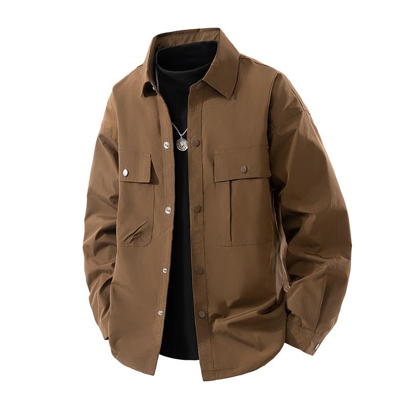 

Мужская куртка-рубашка Весна Осень Зима Лацкан Длинный рукав Свободная Повседневная Универсальная куртка M коричневый