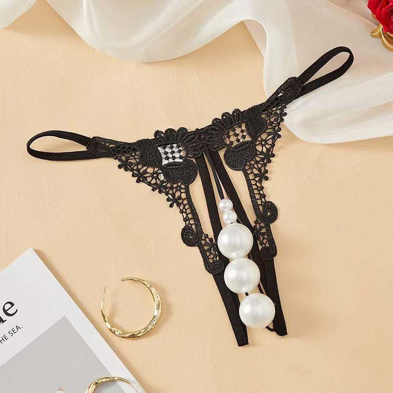 Jade Clam Luminous Pearl Massage Thong - XL Seductive Open Crotch Double Row Panties
