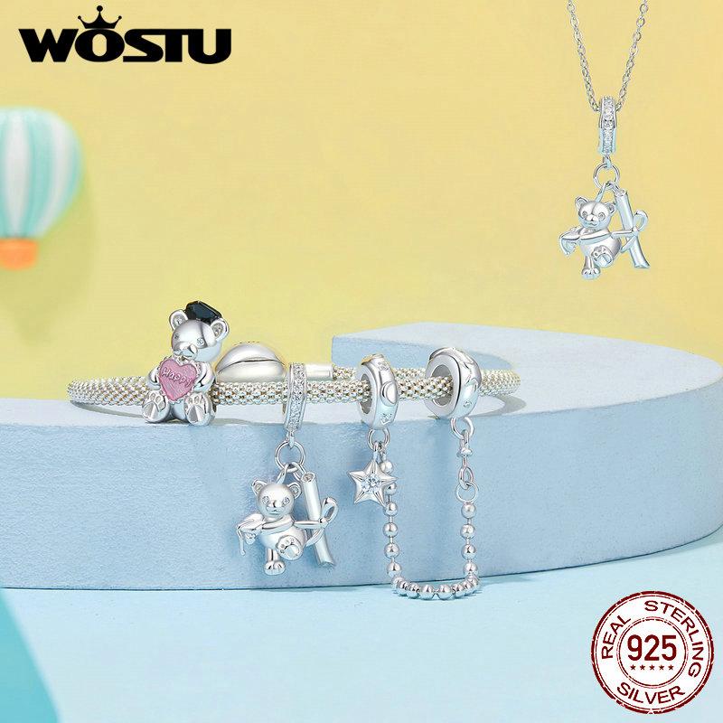 WOSTU 925 Sterling Silver Bear Charms Baby Bottle Set Pendant Fit Original Bracelet for Graduation DIY Jewelry Wishes Gifts