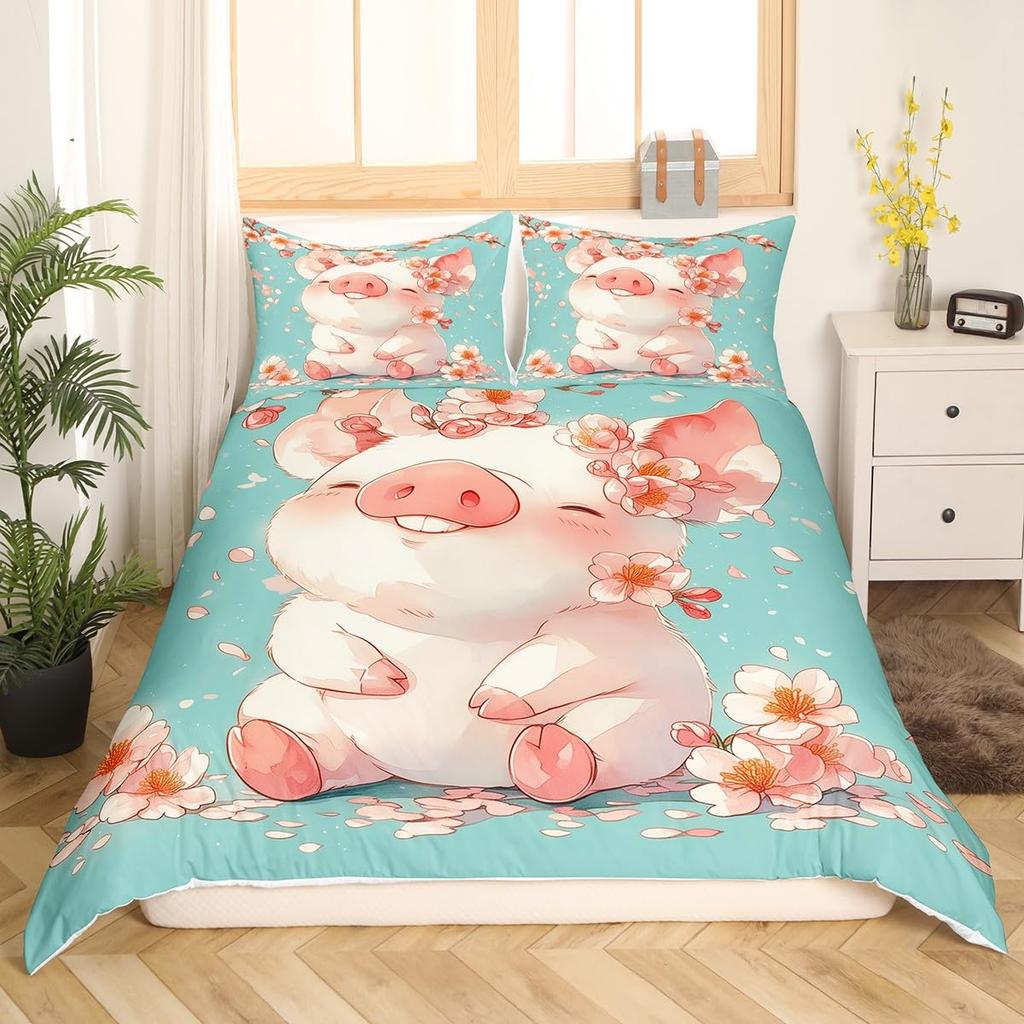 Rozā cūciņas gultas veļas komplekts King Queen Guļošas cūciņas segas pārvalks bērniem, zēniem, meitenēm, Kawaii dzīvnieku segas pārvalks ar 2 spilvendrānām