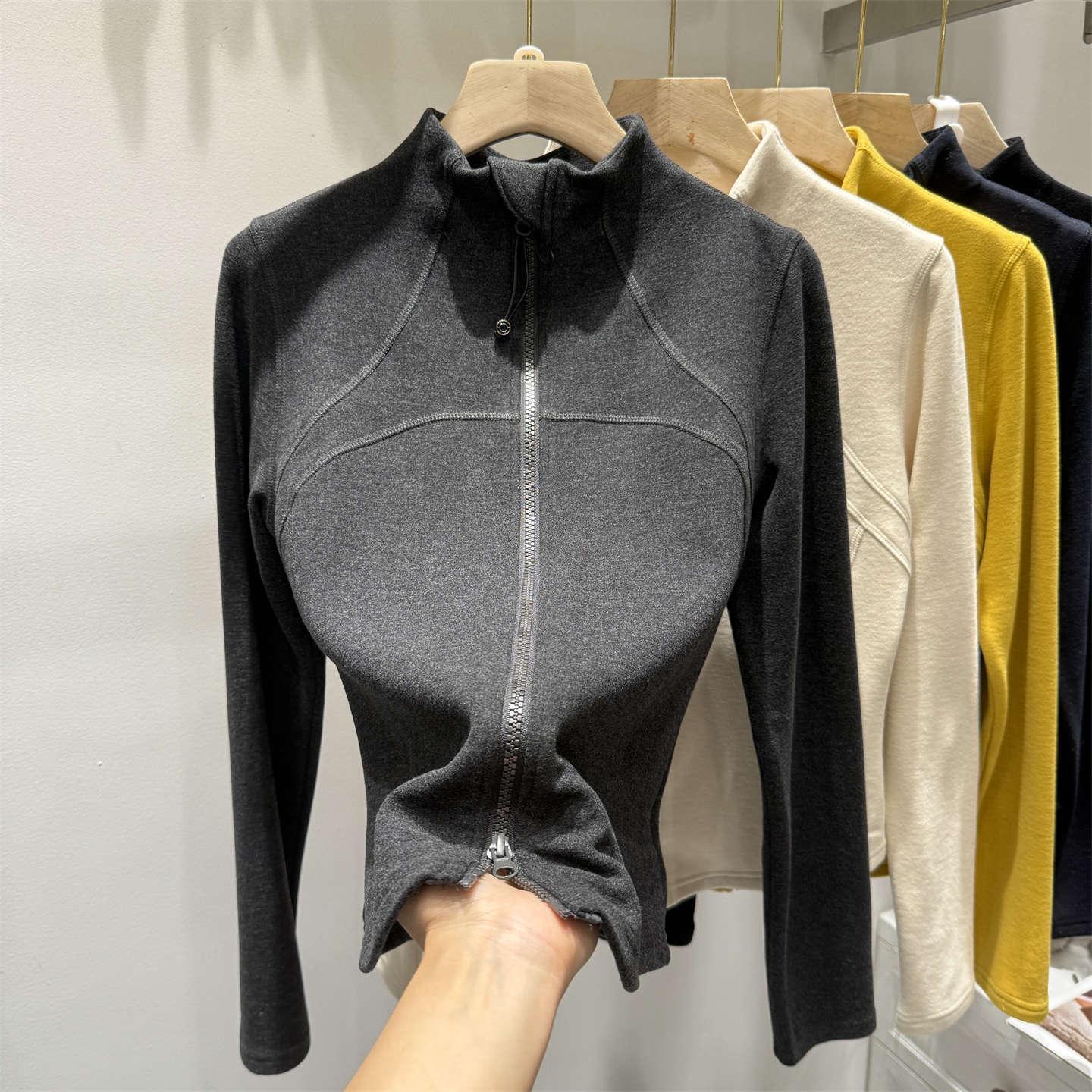 

Women s European Style Fleece Cardigan - Half-High Collar, Double Zipper, Waist-Cinching, Slimming, Long Sleeve - Ideal for Autumn & Winter S серый