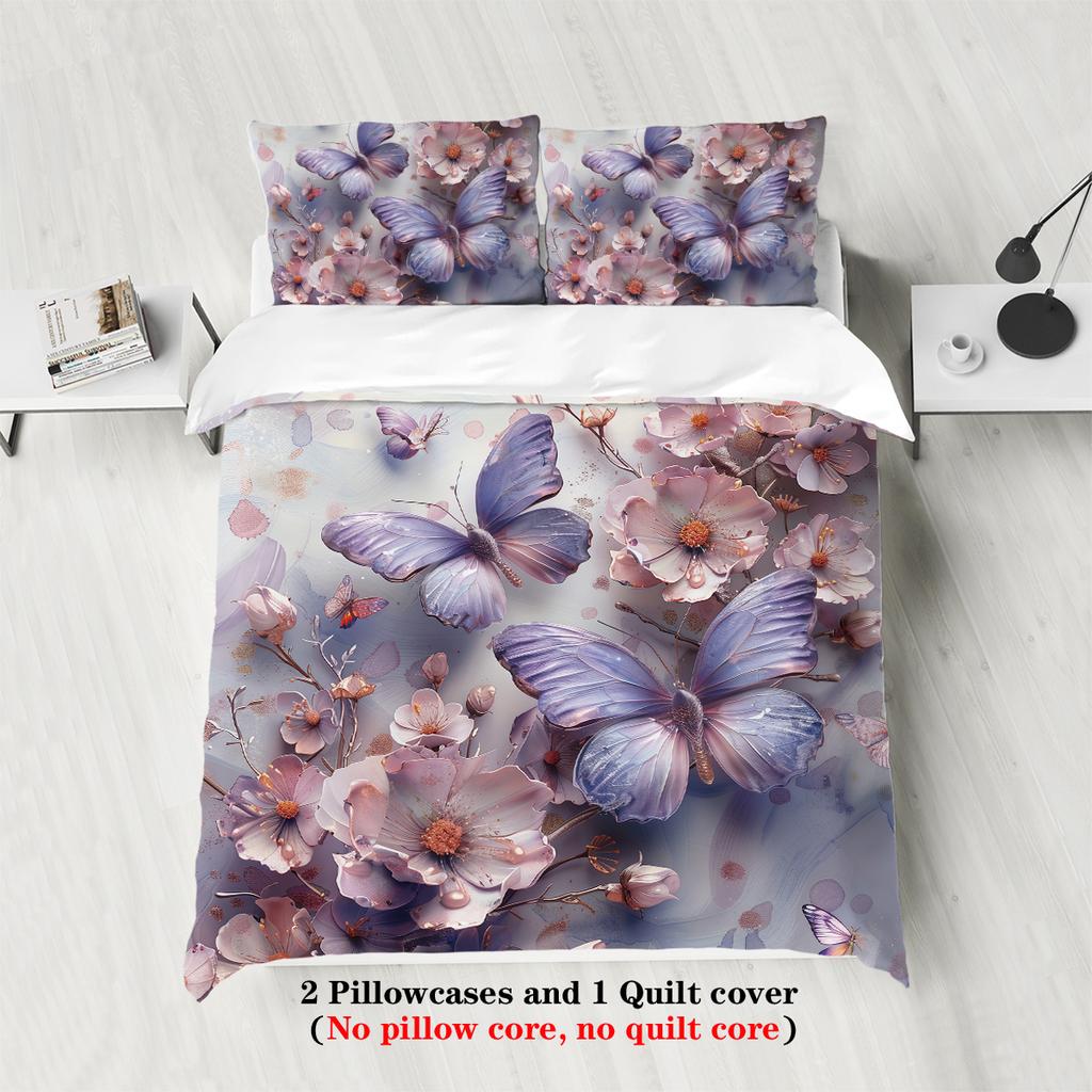 3pcs 3D Floral and Butterfly Pattern Bedding Set, 1 Duvet Cover+2 Pillowcases, Soft and Fashionable Home Decoration for Bedroom