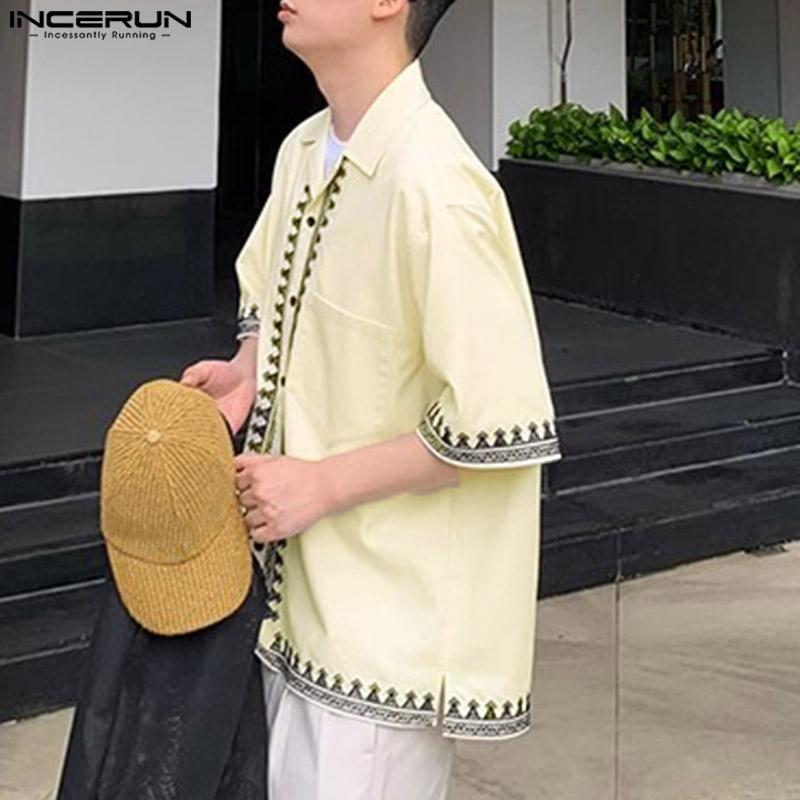 INCERUN Men Oversized Lapel Neck Half Sleeve Print Casual Loose Shirts Tops