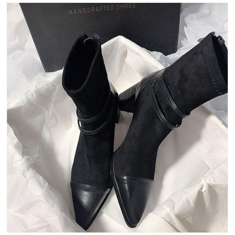 Chunky Heel Pointed Toe Patchwork Elastic Boots: 2025 Autumn/Winter Mid-Heel Short Tube Black Boots for Women & Men