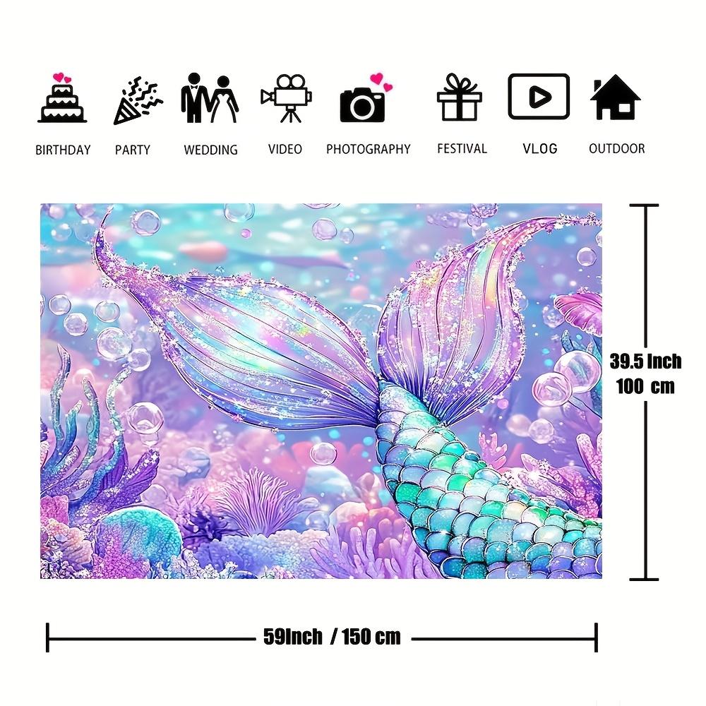 2D Flat, 1pc, Underwater Mermaid Birthday Backdrop, Purple Coral and Pearl Glitter Scales for Party Decorations Background