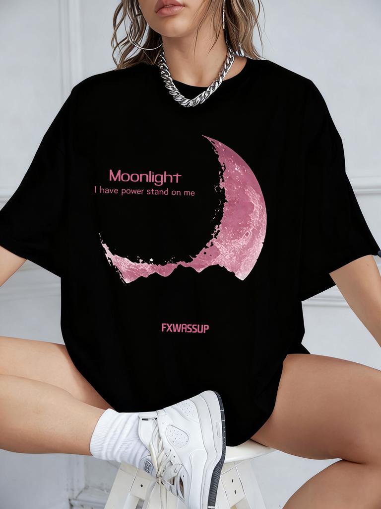 Plus Beautiful Moonlight Prints T-Shirts Womens Summer Cotton Short Sleeve T Shirt O-Neck Comfortable Loose Tops Casual Clothes