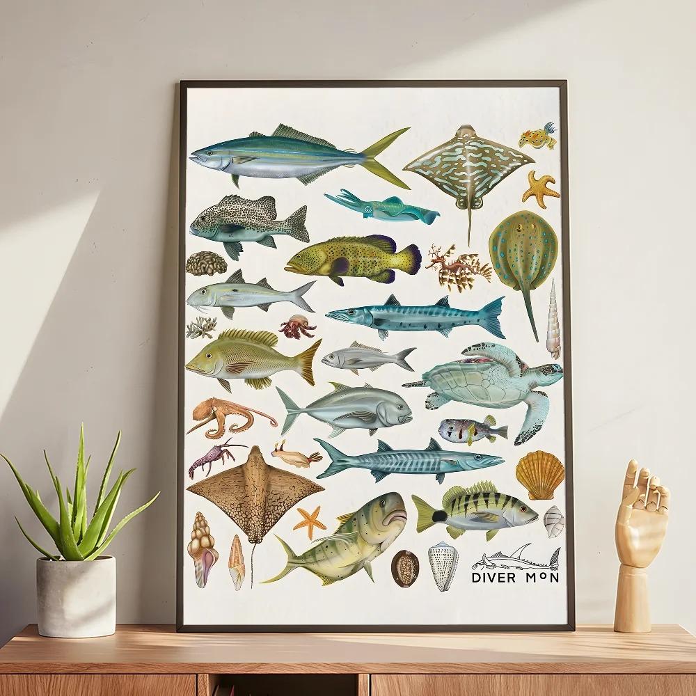 Whale and Shark Seashells Turtles Octopus Fish Marine Life Ocean Animals Poster and Print Canvas Painting  Wall Art Home Living Room
