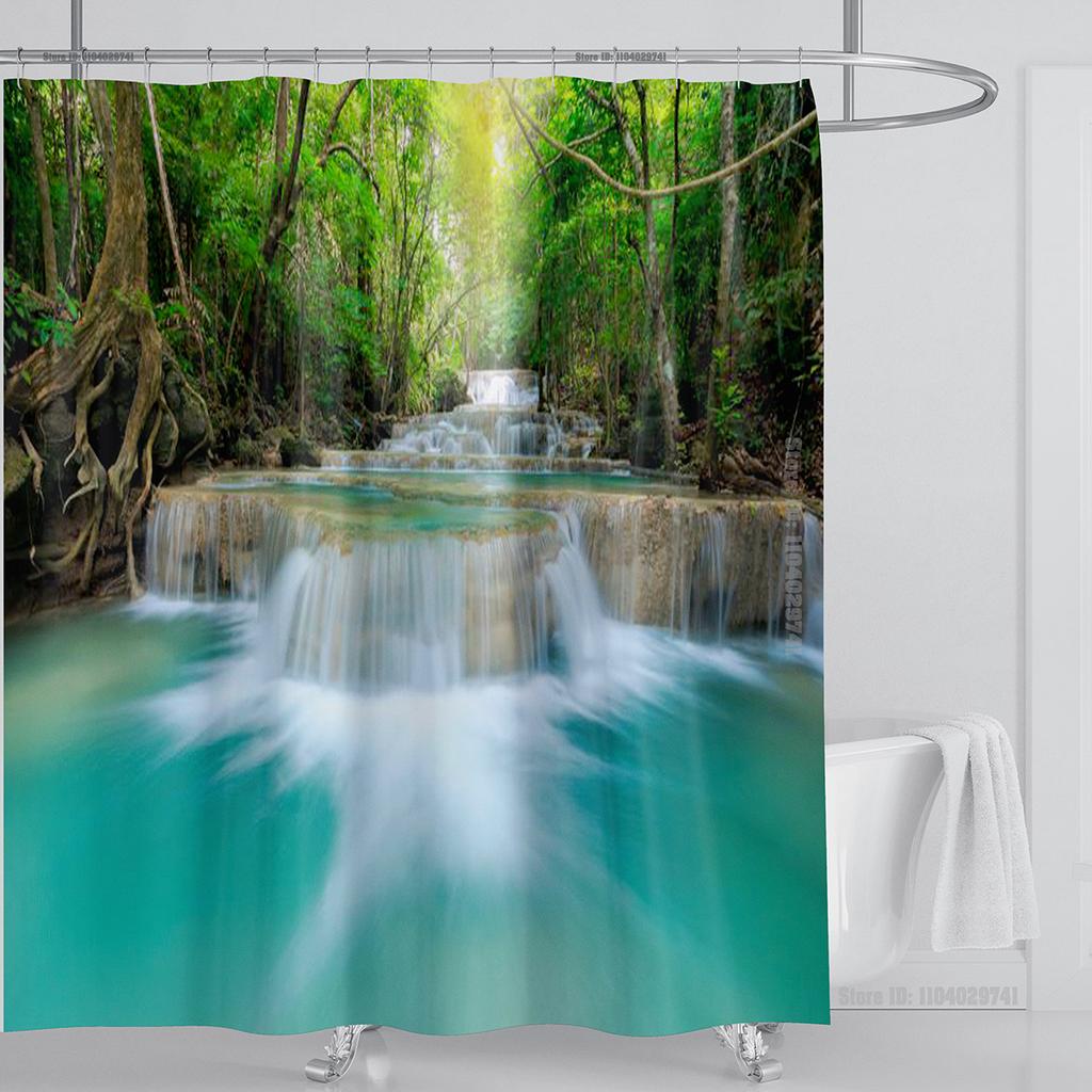 Modern 3D Printing Forest Refreshing Scenery Shower Curtain Waterproof Landscape Green Plant Mountain With Hooks Bathroom Decor