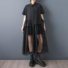 Manica corta Taglia forte Nero cotone vintage volant nuovo in abiti per donna casual larghi lunghi estivi Abito a camicia
