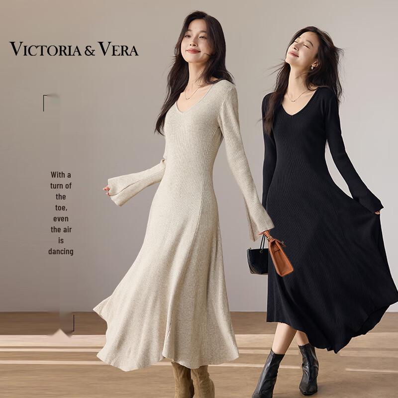 VICTORIA&VERA Women's V-Neck Knit Flare Sleeve Midi Dress