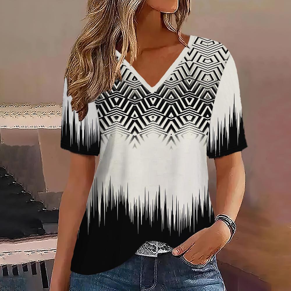 

Женская футболка летняя с V-образным вырезом, с коротким рукавом, в полоску, с графическим принтом, уличная, повседневная, пуловер, женские футболки, одежда оверсайз M