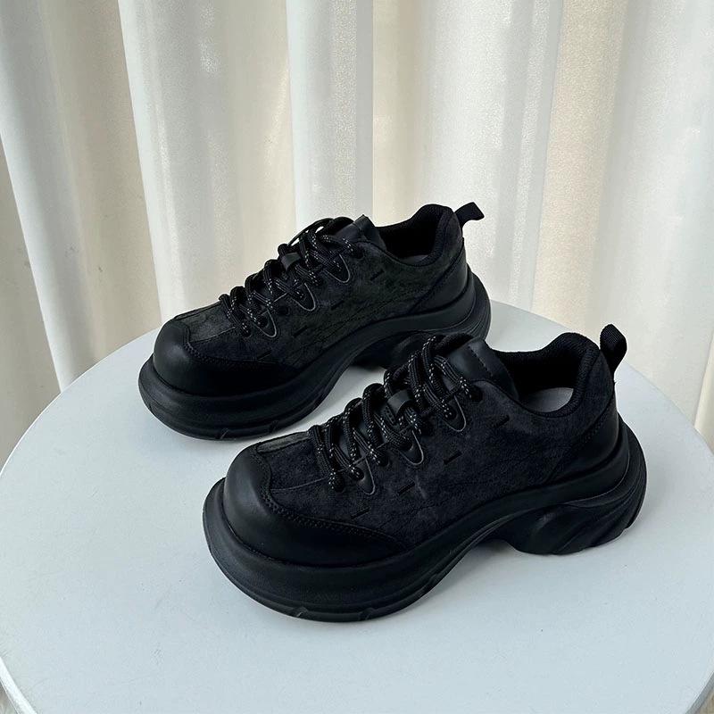 

Cowhide version retro big head thick sole breathable dad shoes women s versatile, light and comfortable casual sports little white shoes 40 чёрный