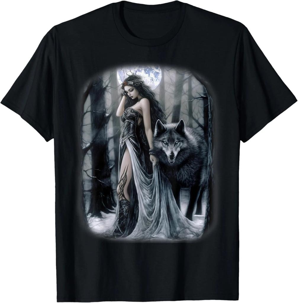 Woman and Gray Wolf In Forest Moon Fantasy Art Painting T-Shirt