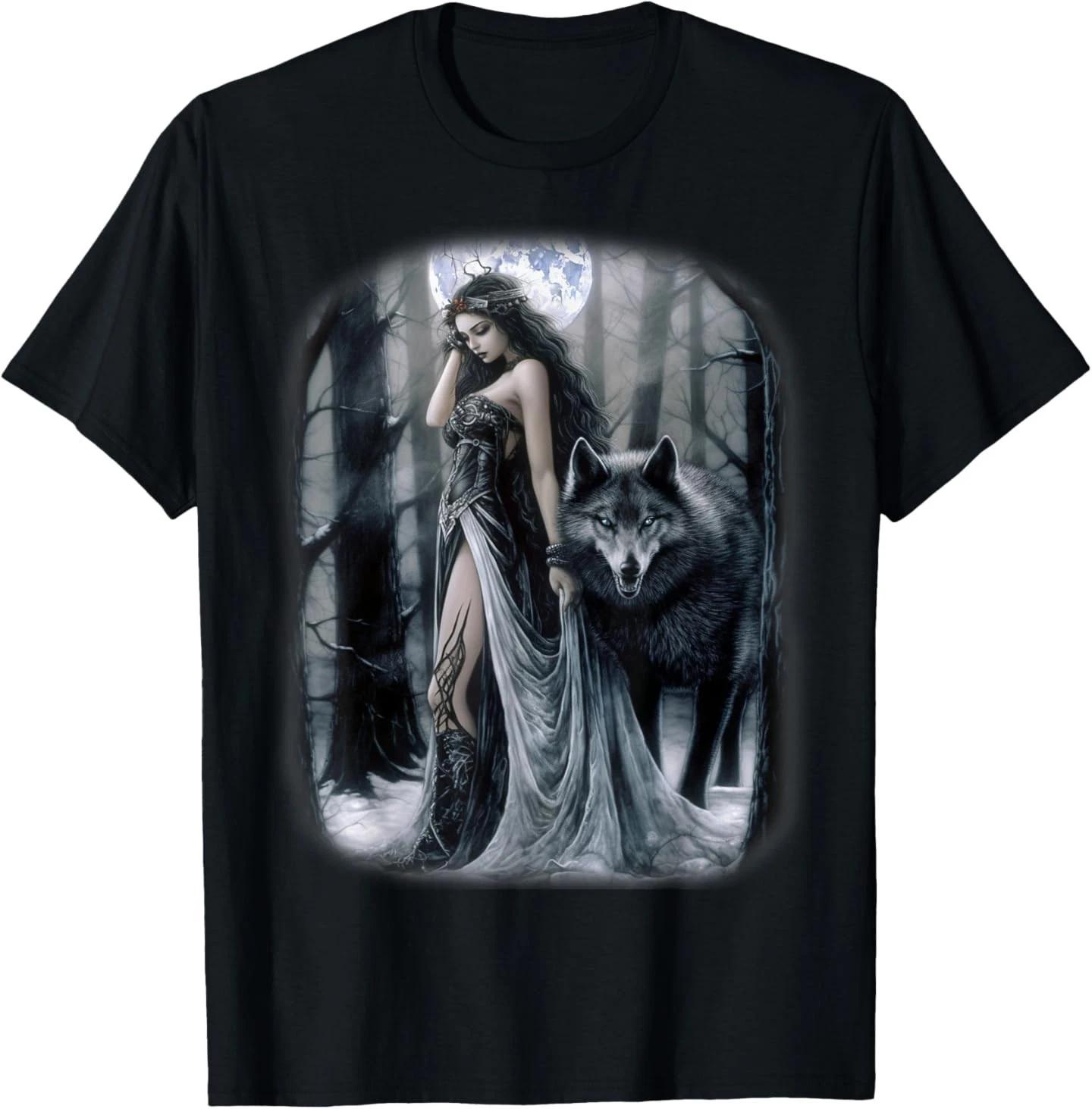 

Женская футболка с картиной в стиле фэнтези «Женщина и серый волк в лесу при луне» L