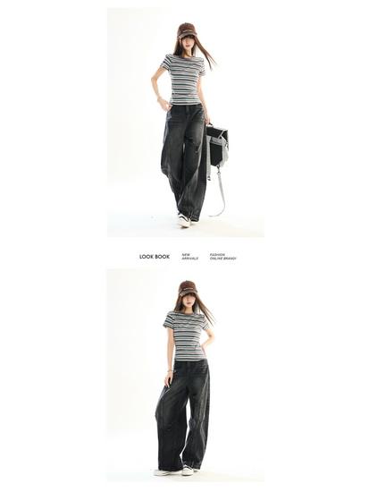 Retro Striped Slim Fit Cropped Short Sleeve T-shirt - Early Spring Petite Millennium Style