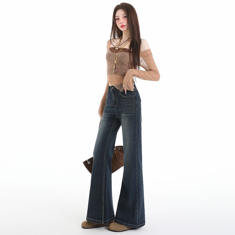 Retro Elastic Flared Pants Women's Pocket Design Sense Autumn and Winter New Casual Women's Clothing Jeans Micro-flared Pants