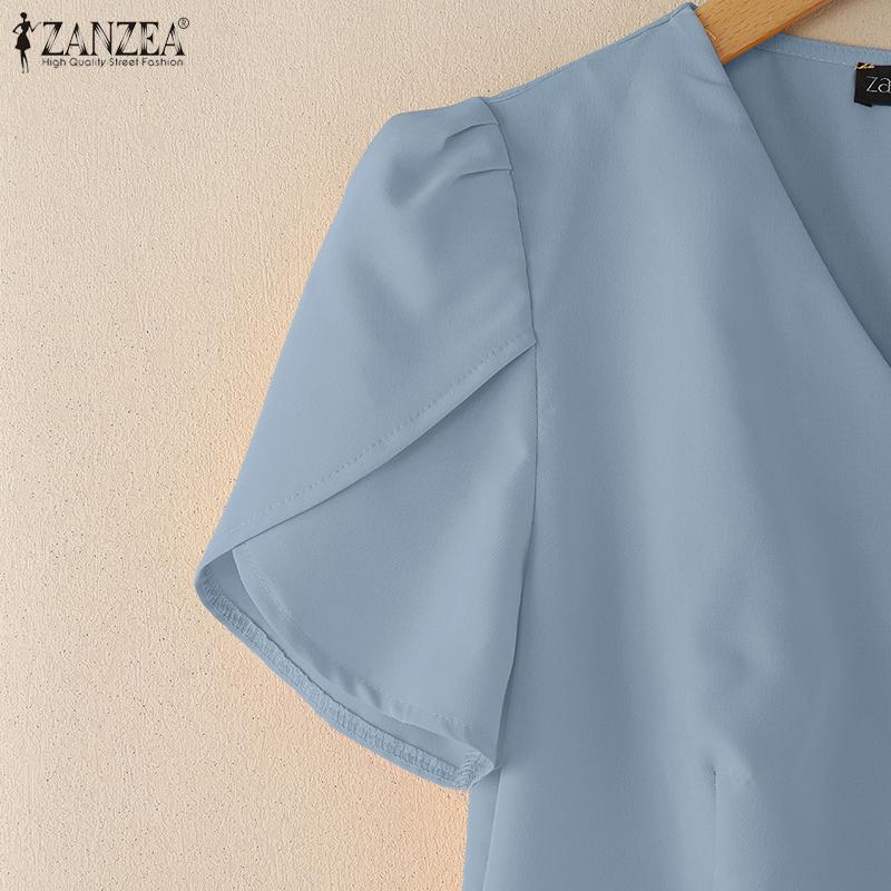 ZANZEA Women Casual V-Neck Summer Short Sleeve Plain Blouse