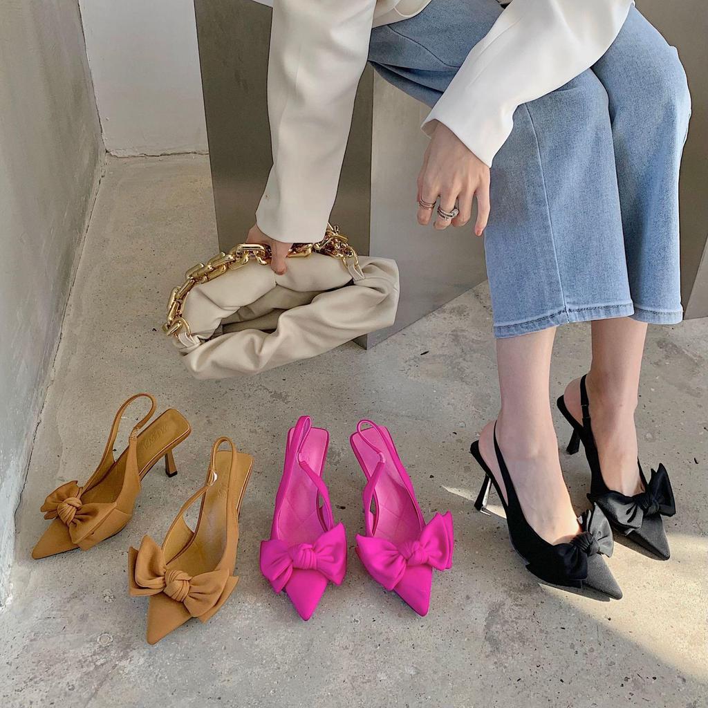 Autumn 2023 Women's Pointed Toe Bow High Heel Ankle Strap Shoes