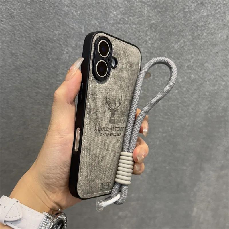 Luxury Cortex Deer Matte With Lanyard Phone Case For iPhone 11 12 13 14 15 16 Pro Max Plus X Xs Max XR Bumper Cases Back Cover
