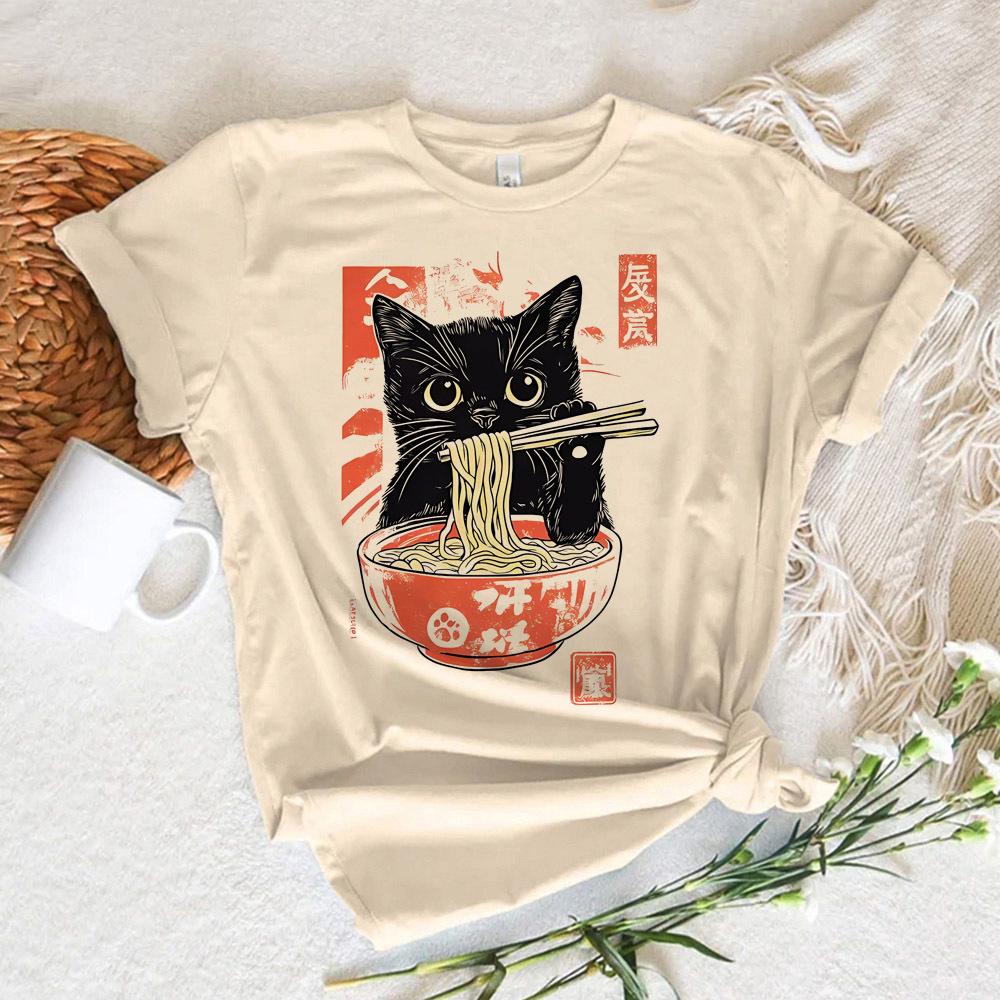 Nudel Ramen Katze Shirt Teen Popkultur Grafik Bequem Gothic Vintage Klassisch T-Shirt Damen 80er Bequem 2000er kawaii