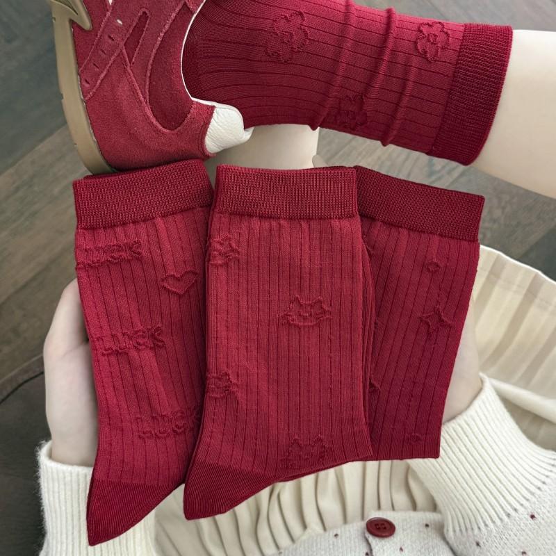 Big Red Socks Season Mid-Tube Cotton Socks Trend Dark Flower English Red Socks Wedding Red Socks