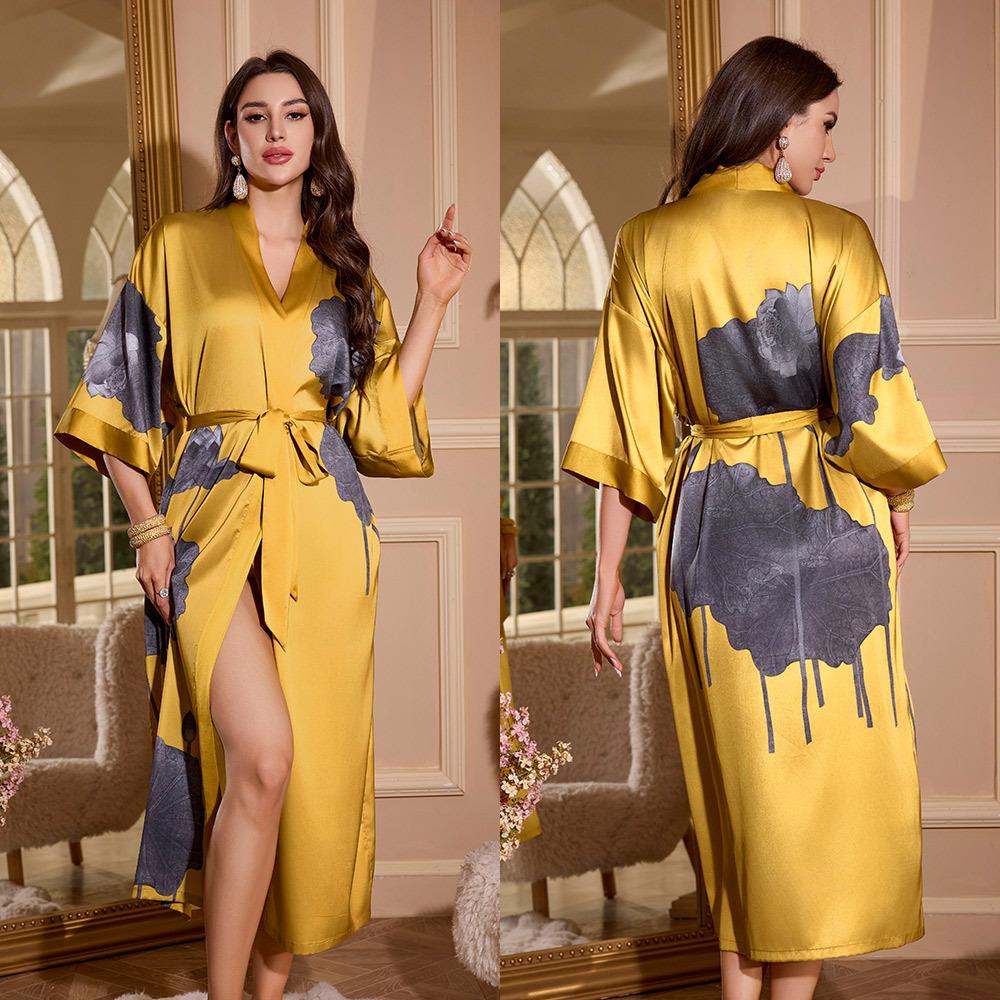 Female Long Robe Loungewear Elegant Chinese Style Kimono Bathrobe Gown Negligee New Silky Satin Sleepwear Nightgown Loose Pajama