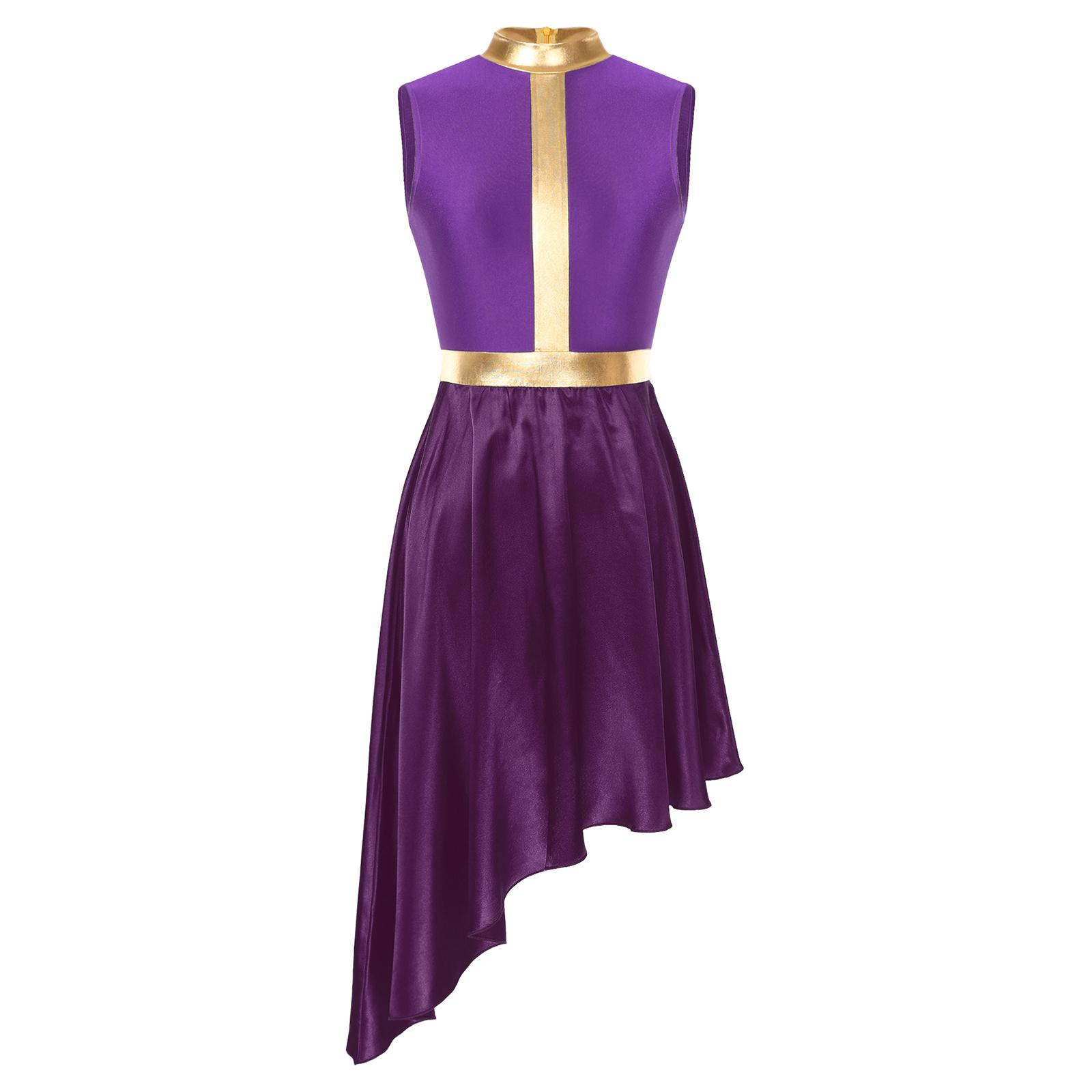 Damen Lyrisches Tanzkleid Colorblock Patchwork Unsichtbarer Rückenreißverschluss Fließender asymmetrischer Saum Ärmellos Auftrittskostüm S violett