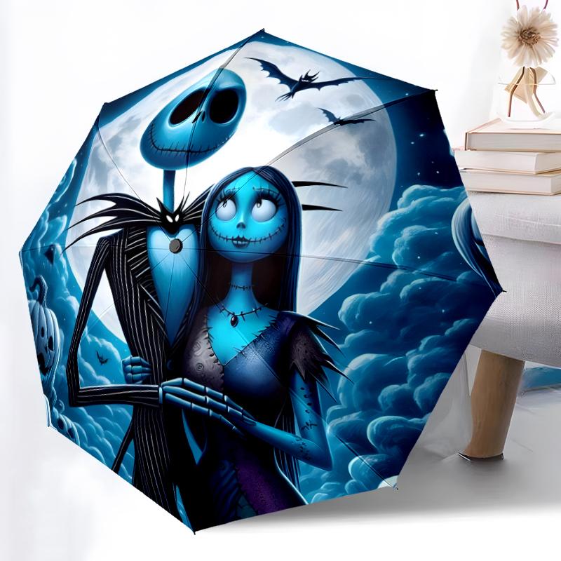 1pc Sturdy 8-Bone Auto Umbrella, Jack Skellington Nightmare Pastel Floral Blue Umbrella, Digital Printed, Foldable Umbrella for On-the-Go Outdoor Use