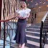 2024 Summer European & American Fashion Solid Color Ruffle Sleeve Top & High Waist Hip Wrap Skirt Set for Women