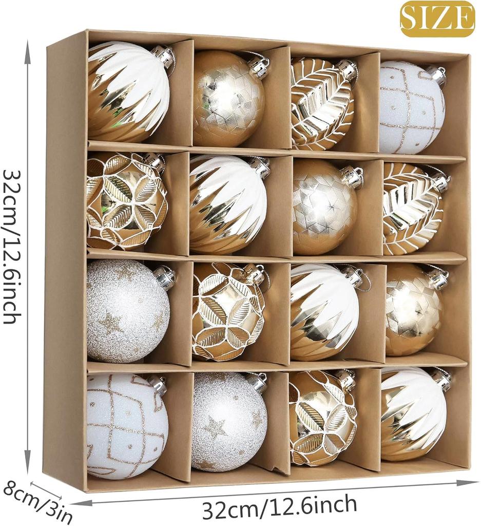 Valery Madelyn Christmas Pack of White Christmas Tree Day Store Elegant Ornaments, Large, 8cm, 16, Gold, Platinum, Decorations, Valentine's Ornaments,