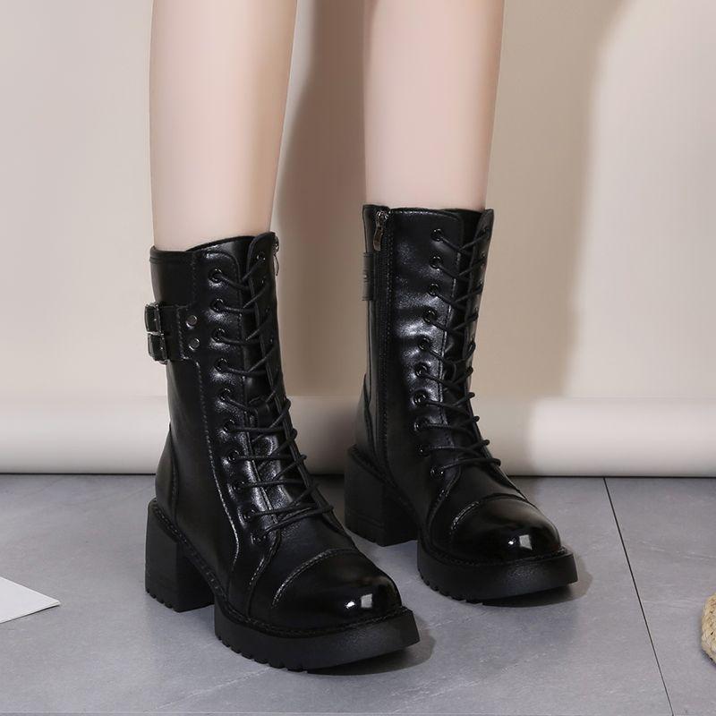 2025 New Models, Absolutely Pure, Thick-soled Martin Boots for Women, British Style Autumn Velvet Knight Boots, Single Boots, Straps, Short Boots 