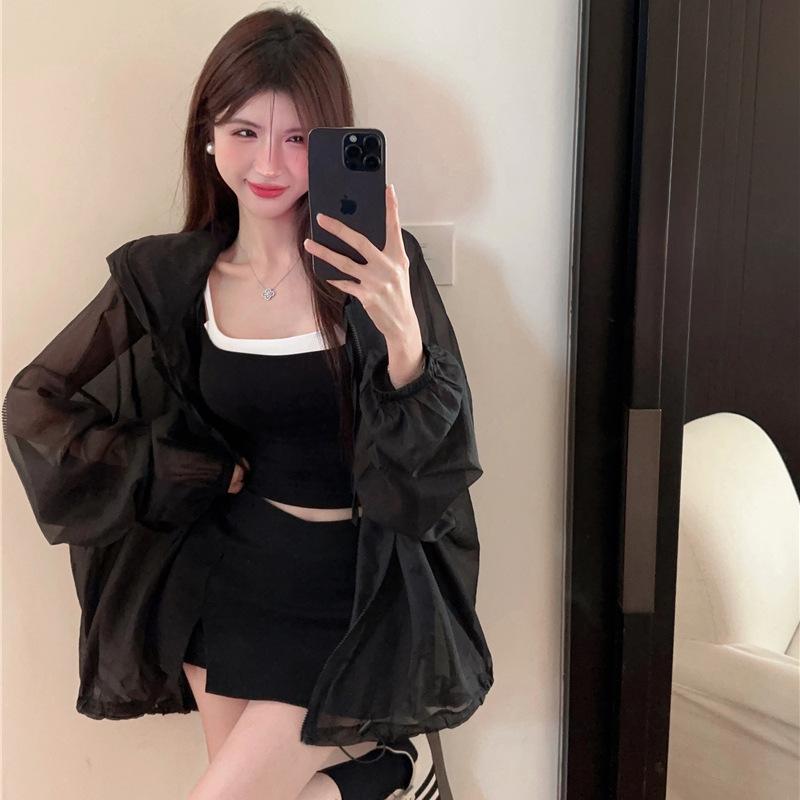 Original fabric, summer ice silk light jacket loose sunscreen shirt long sleeve hooded top trendy